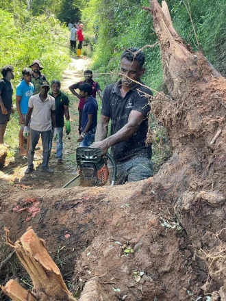Group clearing tree roots and heavy debris from a landslide